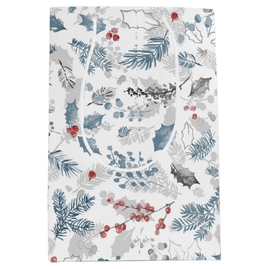 Blauw Rood Wit Vakantie Foliage Kerstmis Medium Cadeauzakje (Voorkant)