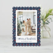 Blauw Rood Wit Winterpatroon Foto Kerst Kaart (Staand voorkant)