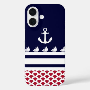 Blauw Rood Witte Nautische strips en anker iPhone 16 Hoesje