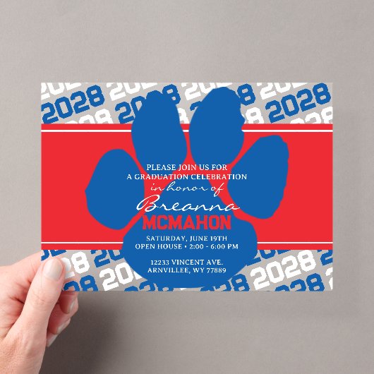 Blauw, Rood & Witte Pootafdruk Afstudeerversiering Acryl Uitnodigingen (Insitu (Draagbaar))