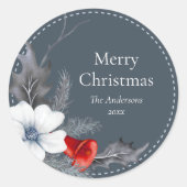 Blauw Rood Zilver Bladgroen Bladgroen Kerstcadeau  Ronde Sticker (Voorkant)