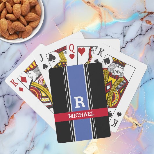 Blauw Rood & Zwart Strepen, Vet Monogram & Naam Pokerkaarten