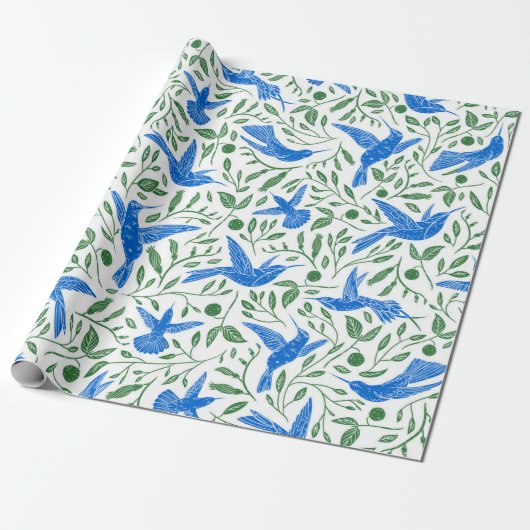 Blauw roodvogels groen blad patroon cadeaupapier (Uitgerold)