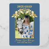 Blauw Roos Afstuderen Folie Uitnodiging (Voorkant)