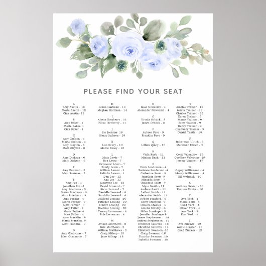 Blauw Roos alfabetische bruiloft zitgrafiek Poster (Voorkant)