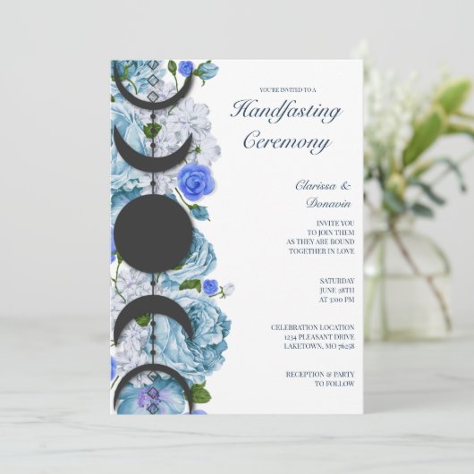 Blauw Roos Bloemen Maan Fase Wiccan Handfasting Kaart (Staand voorkant)