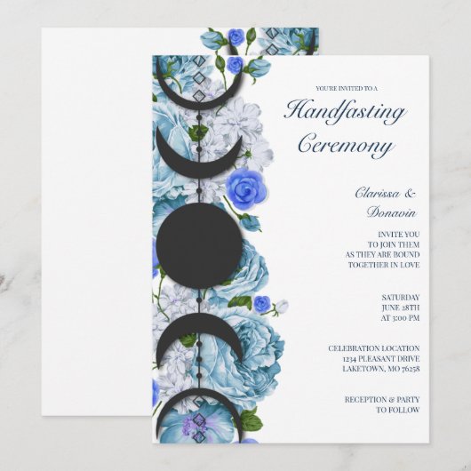 Blauw Roos Bloemen Maan Fase Wiccan Handfasting Kaart (Voorkant / Achterkant)