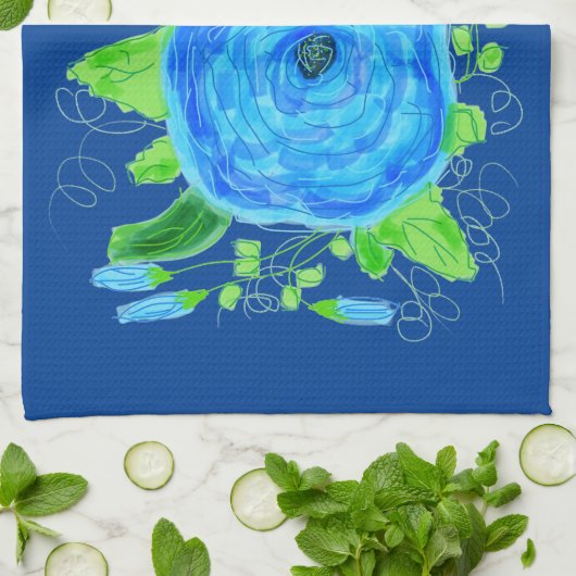 Blauw Roos Bloemen Theedoek (Gevouwen)