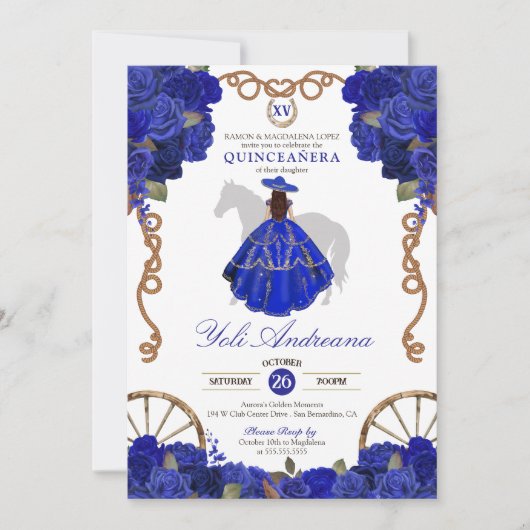 Blauw Roos Bloemen Western Charra Quinceañera Kaart (Voorkant)