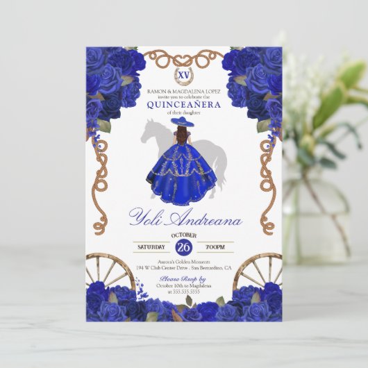 Blauw Roos Bloemen Western Charra Quinceañera Kaart (Staand voorkant)