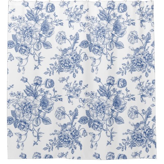  blauw Roos bloemmotief Douchegordijn (Voorkant)