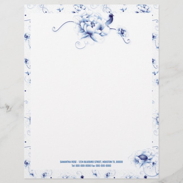 Blauw Roos Chinoiserie Floral Garden Wedding Briefhoofd (Voorkant)