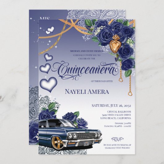Blauw Roos Classic Blauw Lowrider Chola Quinceaner Kaart (Voorkant / Achterkant)
