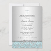 Blauw Roos & Cross Baptism/Christening Uitnodiging (Voorkant)