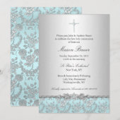 Blauw Roos & Cross Baptism/Christening Uitnodiging (Voorkant / Achterkant)