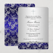 Blauw Roos & Cross Baptism/Christening Uitnodiging (Voorkant / Achterkant)