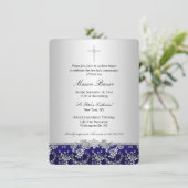 Blauw Roos & Cross Baptism/Christening Uitnodiging (Staand voorkant)