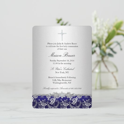 Blauw Roos & Cross Baptism/Christening Uitnodiging (Staand voorkant)