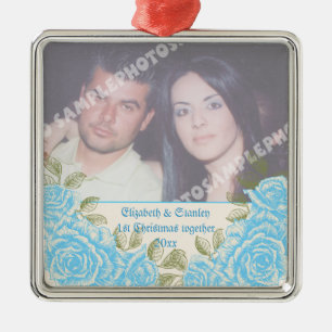  blauw roos Eerste kerstfoto van het paar Metalen Ornament