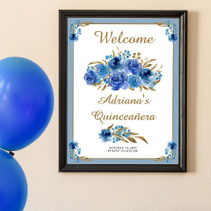 Blauw Roos en bladgoud Quinceanera Welkom Poster