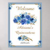 Blauw Roos en bladgoud Quinceanera Welkom Poster (Voorkant)