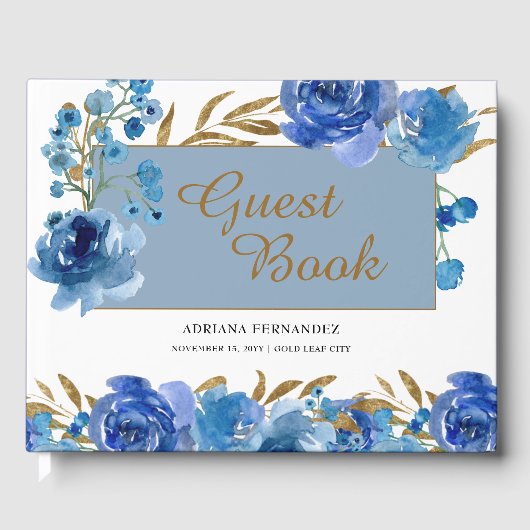 Blauw Roos en bladgoud Viering Gastenboek (Voorkant)