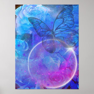 Blauw Roos en blauwe vlinder Poster