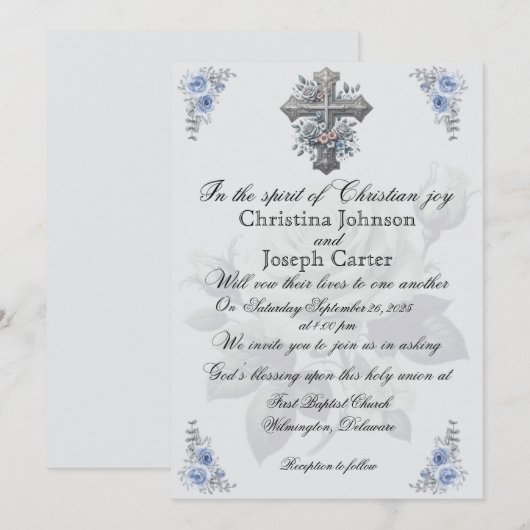 Blauw Roos en Cross Christelijke huwelijksuitnodig Kaart (Voorkant / Achterkant)