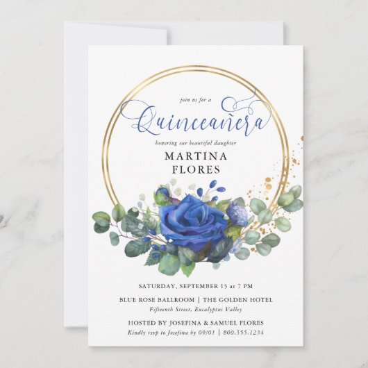 Blauw Roos en Eucalyptus Elegant Quinceanera Kaart (Voorkant)