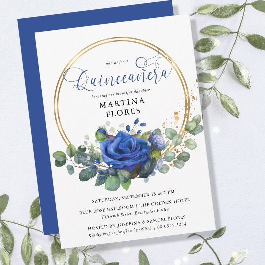 Blauw Roos en Eucalyptus Elegant Quinceanera Kaart