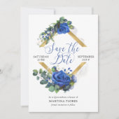 Blauw Roos en Eucalyptus Elegant Quinceanera Save The Date (Voorkant)