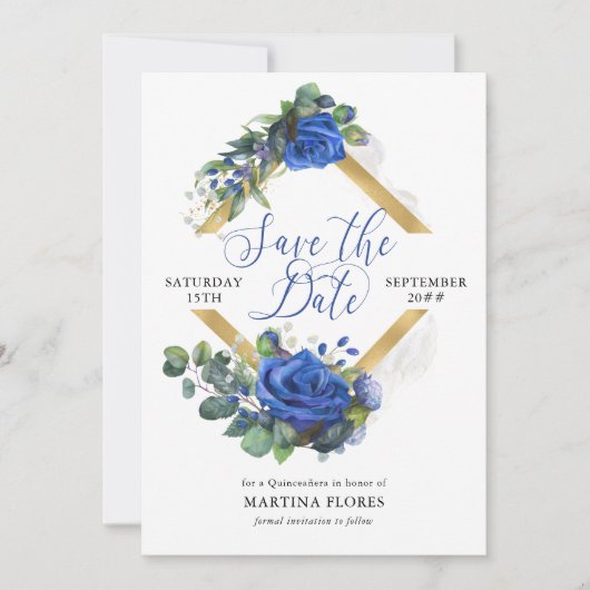 Blauw Roos en Eucalyptus Elegant Quinceanera Save The Date (Voorkant)