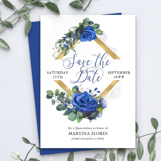 Blauw Roos en Eucalyptus Elegant Quinceanera Save The Date