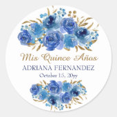 Blauw Roos en goudblauw Leaf Mis Quince Anos Ronde Sticker (Voorkant)