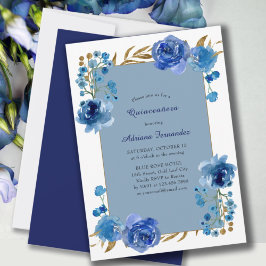 Blauw Roos en goudleder Elegant Floral Quinceanera Kaart