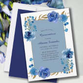 Blauw Roos en goudleder Elegant Floral Quinceanera Kaart