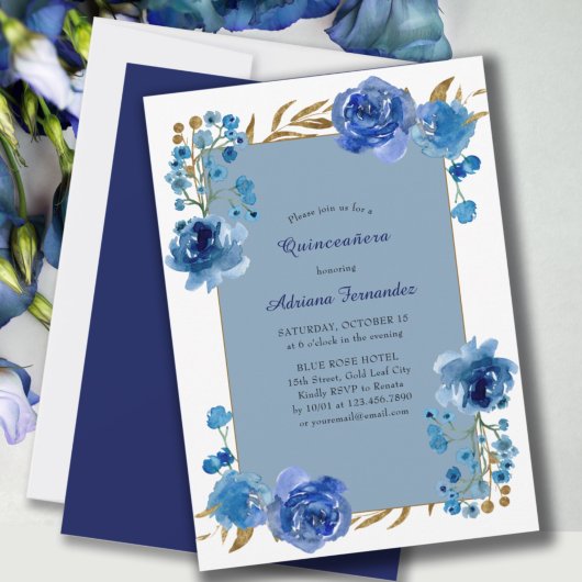Blauw Roos en goudleder Elegant Floral Quinceanera Kaart