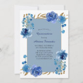 Blauw Roos en goudleder Elegant Floral Quinceanera Kaart (Voorkant)