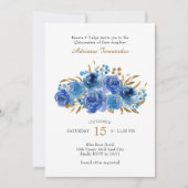 Blauw Roos en goudleder Quinceanera Kaart (Voorkant)