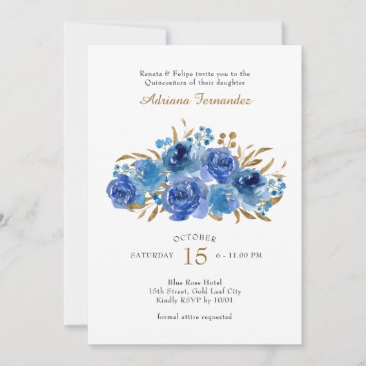 Blauw Roos en goudleder Quinceanera Kaart (Voorkant)