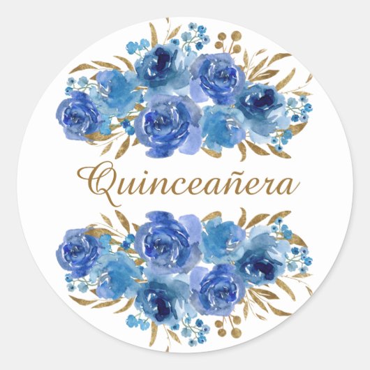 Blauw Roos en goudleder Quinceanera Ronde Sticker (Voorkant)