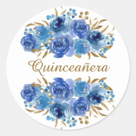 Blauw Roos en goudleder Quinceanera Ronde Sticker