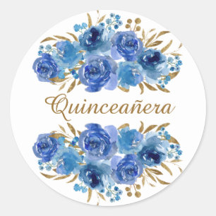 Blauw Roos en goudleder Quinceanera Ronde Sticker