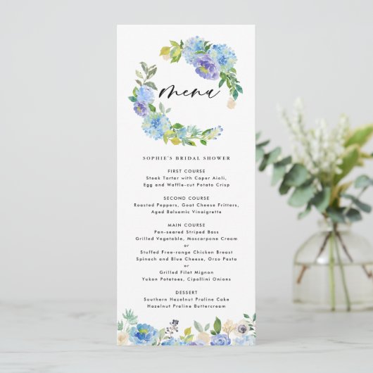 Blauw Roos en Hortensia Krans Vrijgezellenfeest Menu (Staand voorkant)