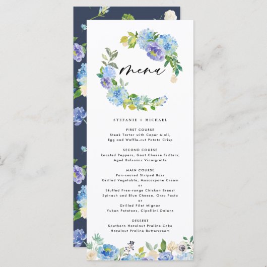 Blauw Roos en Hydrangea Floral Wreath Wedding Menu (Voorkant / Achterkant)