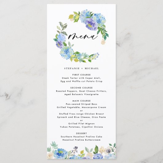 Blauw Roos en Hydrangea Floral Wreath Wedding Menu (Voorkant)
