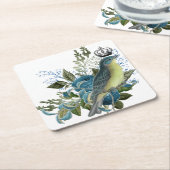  blauw Roos en vogel Kartonnen Onderzetters (Schuin)