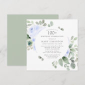 Blauw Roos Floral Eucalyptus 100th Birthday Party Kaart (Voorkant / Achterkant)