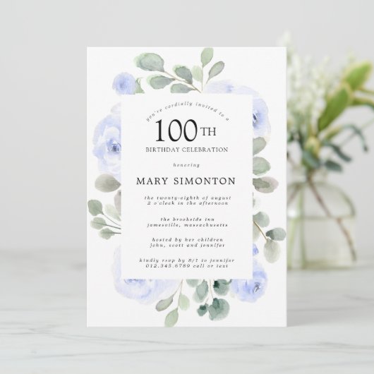 Blauw Roos Floral Eucalyptus 100th Birthday Party Kaart (Staand voorkant)