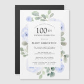 Blauw Roos Floral Eucalyptus 100th Birthday Party Magnetische Uitnodiging (Voorkant / Achterkant)
